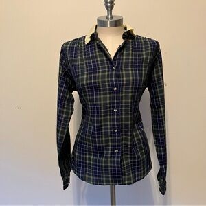 VTG Women’s Navy Watch Plaid Sz. S Button Front Shirt Blouse Lace Collar Preppy